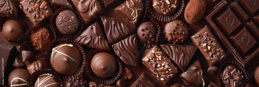 Assorted chocolates and chocolate bar close-up Assorted chocolates and chocolate bar close-up