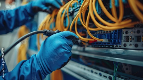 technician installing a ROADM (Reconfigurable Optical Add-Drop Multiplexer) in a network facility for dynamic wavelength routing photo