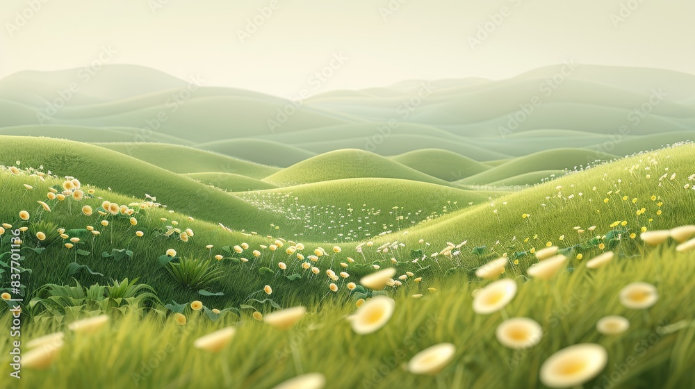 Fototapeta premium Nature Gradients Meadow: A 3D illustration showcasing gradients in a meadow, with grass, flowers, and gentle slopes