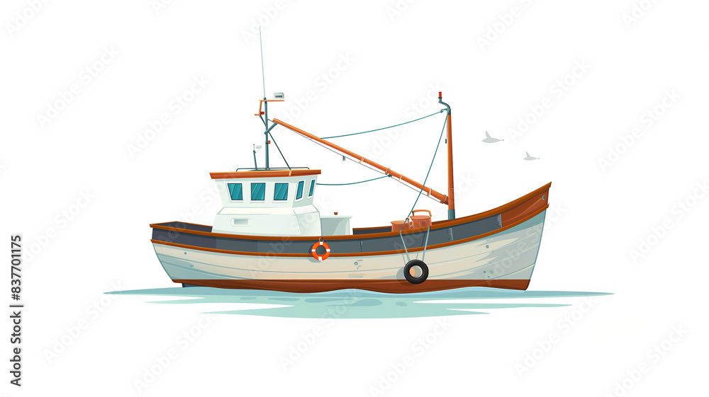 Fishing boat, vector illustration on transparent background, flat design,
