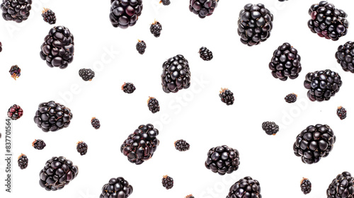 Ripe, juicy blackberries gathered in a bunch on a clean white surface, showcasing their dark color and rich texture photo