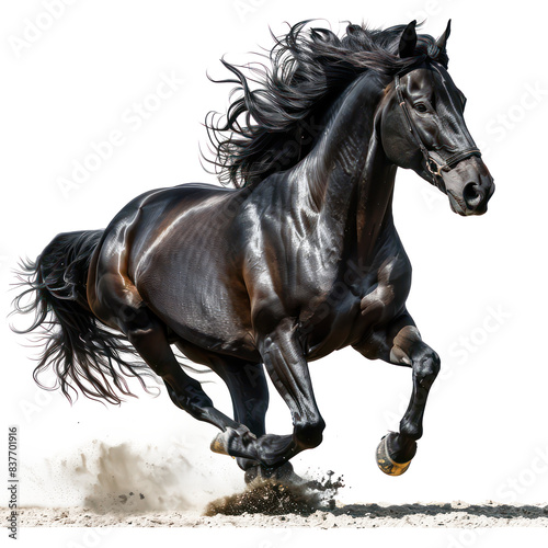 Powerful Black Horse Stallion Running with Flowing Mane, Isolated on Transparent Background