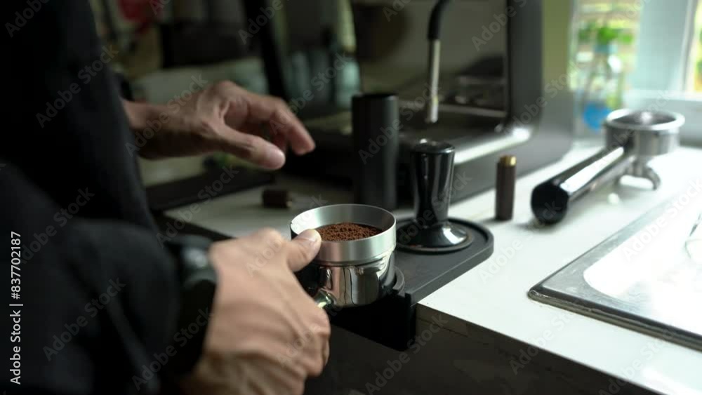 A person’s hands carefully spread coffee powder into the filter basket, preparing an espresso shot with an automatic machine, making a perfect coffee at home. Video 4k A person’s hands carefully spread coffee powder into the filter basket, preparing an espresso shot with an automatic machine, making a perfect coffee at home. Video 4k