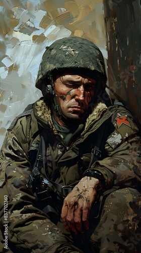Portrait of a soldier wearing a green helmet