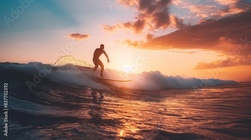 A surfer enjoys the thrill of riding a cresting wave against a vibrant sunset backdrop  showcasing adventure and sport