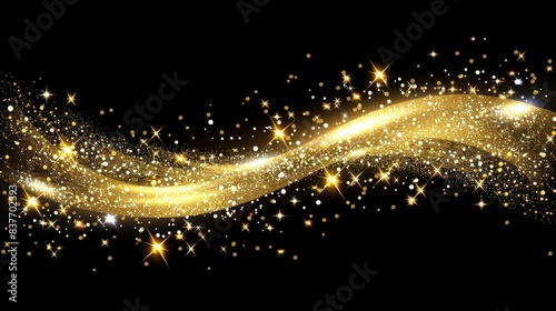  A black background with gold stars on the left side and a wave of gold sparkles, a separate element from the stars, on the right side photo