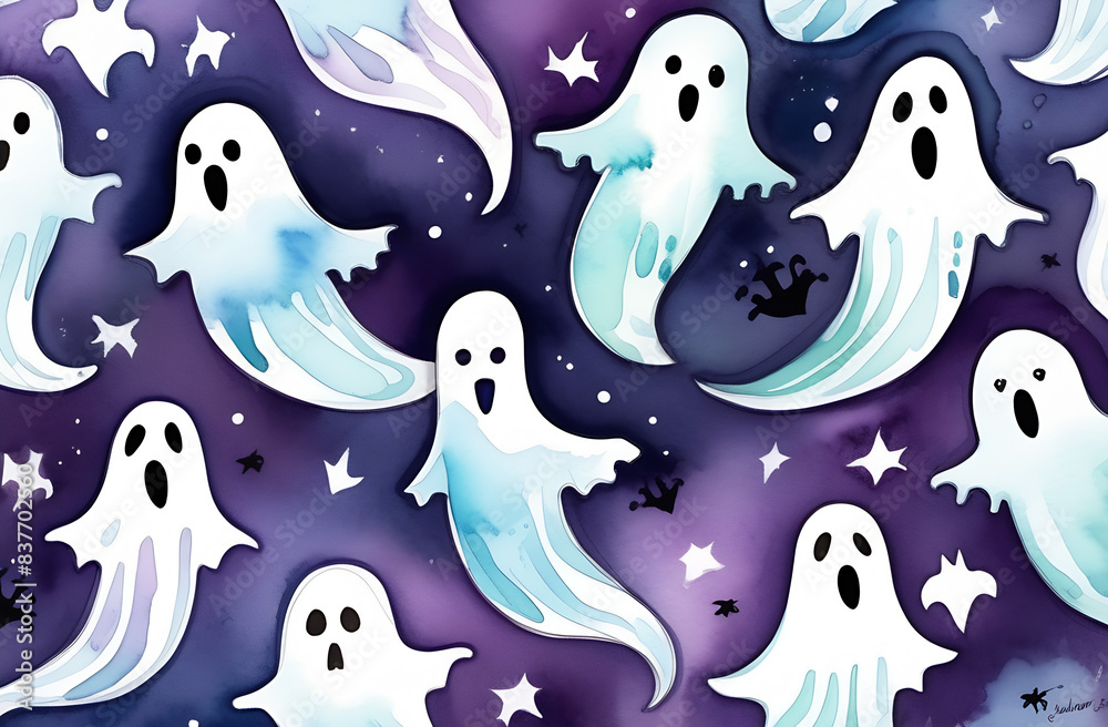 watercolor halloween ghost pattern. Cute smiling ghost repeat print background. watercolor halloween ghost pattern. Cute smiling ghost repeat print background.