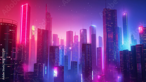 Wallpaper Mural A cityscape with neon lights and a pinkish purple sky Torontodigital.ca