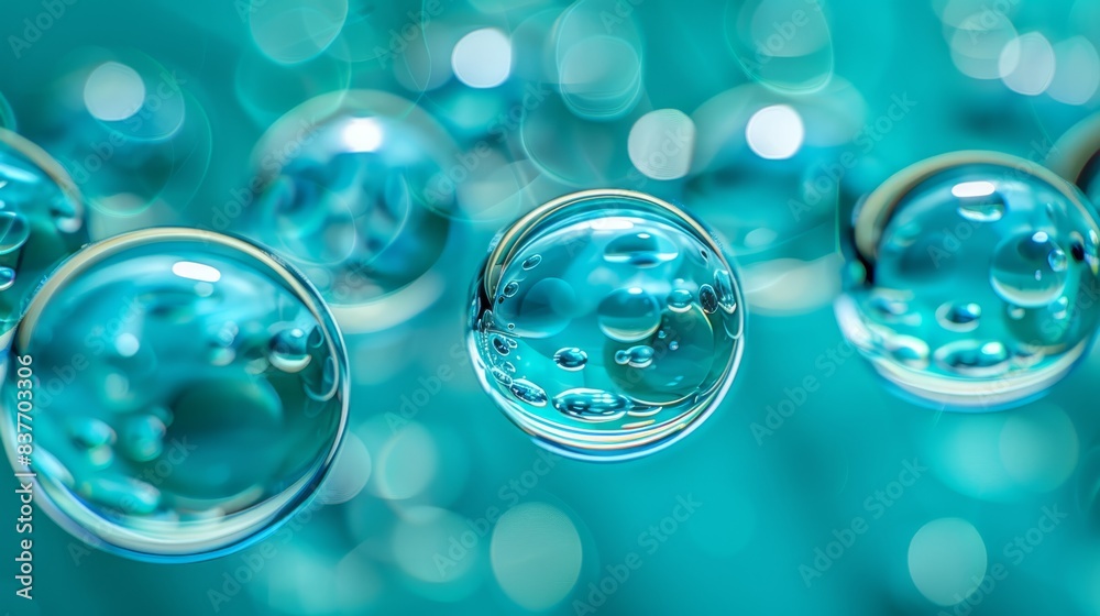 A collection of bubbles atop a blue liquid, all filled with water A collection of bubbles atop a blue liquid, all filled with water