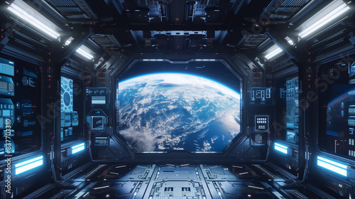 Fototapeta Naklejka Na Ścianę i Meble -  A space shuttle is shown with a view of the Earth from the inside