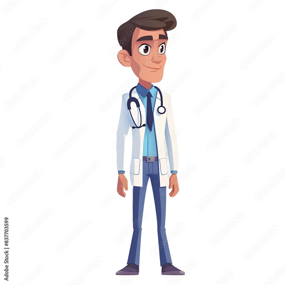 A male doctor in a white coat, a full body cartoon character holding a stethoscope around his neck and hands on his hips smiling, on a transparent background A male doctor in a white coat, a full body cartoon character holding a stethoscope around his neck and hands on his hips smiling, on a transparent background