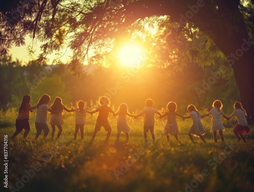 A group of children hold hands in a circle under a large tree  bathed in warm  golden sunlight.