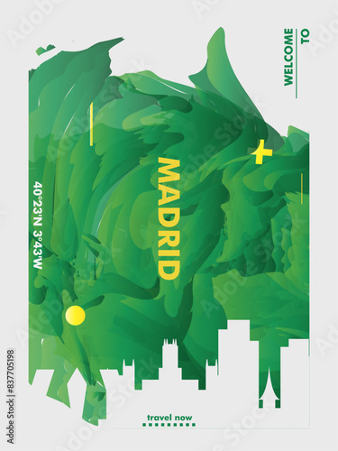 Madrid city poster with abstract skyline, cityscape, landmark and attraction. Spain capital vector illustration layout for vertical brochure, website, flyer, presentation