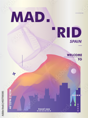 Madrid city poster with abstract skyline, cityscape, landmark and attraction. Spain capital vector illustration layout for vertical brochure, website, flyer, presentation