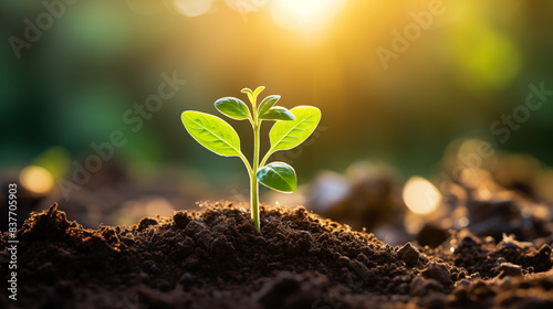 Plants growing from the soil in the forest with a blurred background. Young plant growing in sunlight.