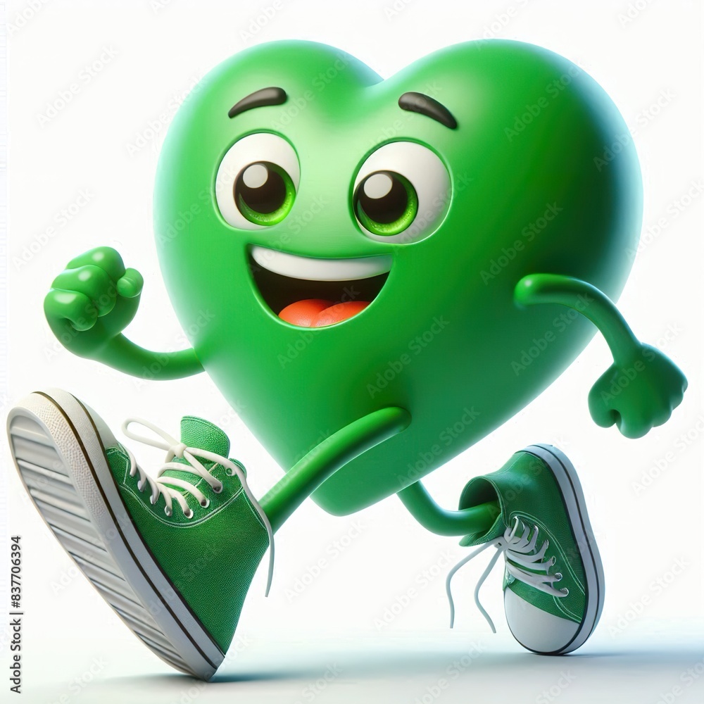 3D image of a green heart cartoon character with a pair of high top sneakers, happy overjoyed, running, white background 3D image of a green heart cartoon character with a pair of high top sneakers, happy overjoyed, running, white background