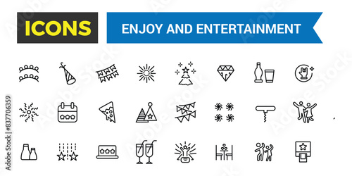 Enjoy and Entertainment icon collection. Vector thin line icons collection. Editable vector icon and illustration.