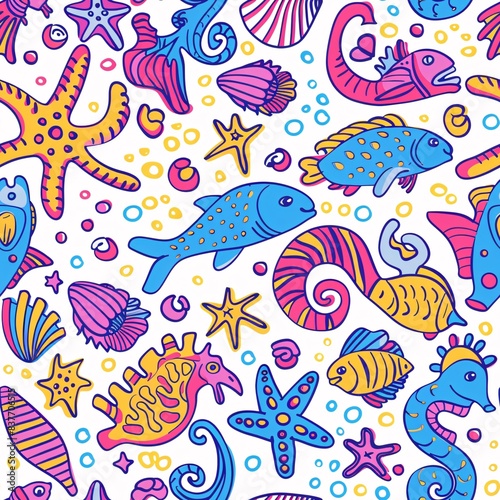 A playful underwater pattern with adorable starfish, seahorses, and seashells in a doodle style. The illustration features whimsical lines and shapes in bright colors, creating a fun and energetic © Tong