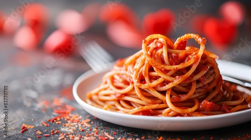 A tight shot of a plate with spaghetti  red pepper flakes nearby  and a fork beside it