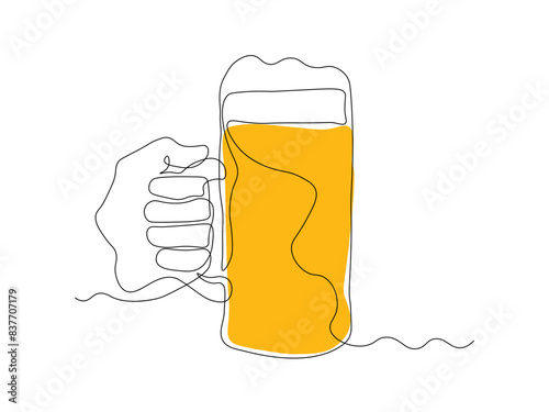 Abstract hand with mug, glass beer,continuous single line art drawing sketch, logo