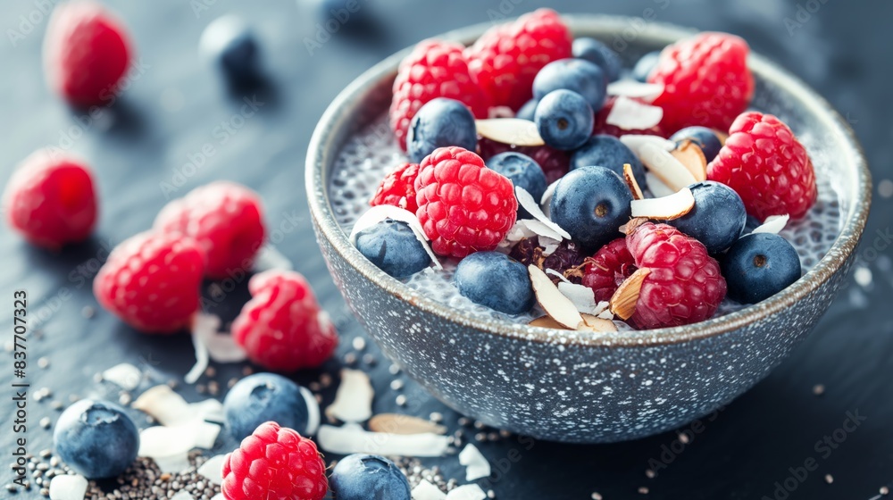 Fresh blueberries and raspberries with chia seeds and coconut flakes in a gray bowl. Fresh blueberries and raspberries with chia seeds and coconut flakes in a gray bowl.