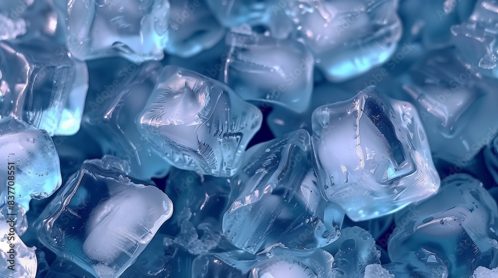 Fototapeta premium Ultrarealistic Closeup of Ice Cubes with Blue Hues: Artistic Arrangement Showcasing Intricate Textures and Shapes, Perfect for a Refreshing Video Cover or Creative Background