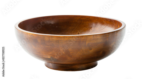 A close-up of an empty, brown wooden bowl with a pedestal base, isolated on a white background