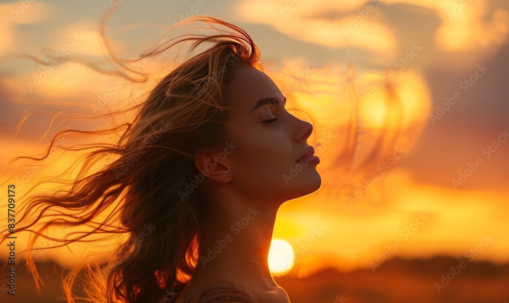 profile of woman with long hair blowing with the wind at sunset