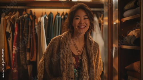 Woman smiling in a closet with clothes hanging.
