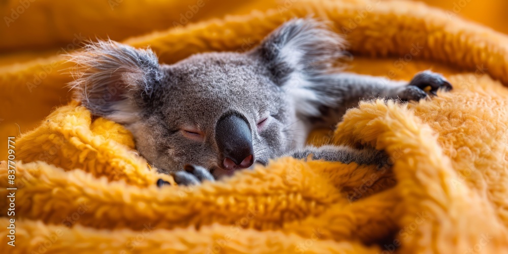 Peaceful Koala Sleeping in a Cozy Yellow Blanket. Peaceful Koala Sleeping in a Cozy Yellow Blanket.