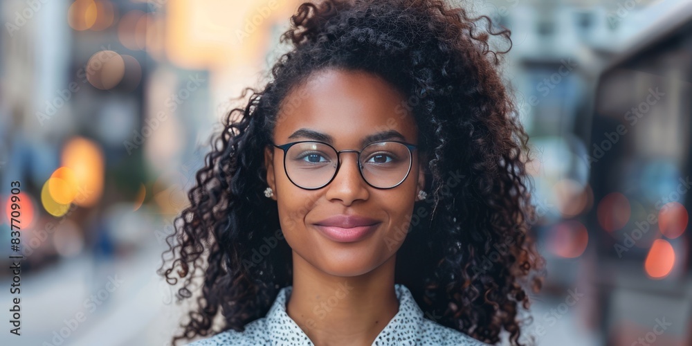 cheerful of young African American girl in glasses with curly hair looking at the camera standing on city street cheerful of young African American girl in glasses with curly hair looking at the camera standing on city street
