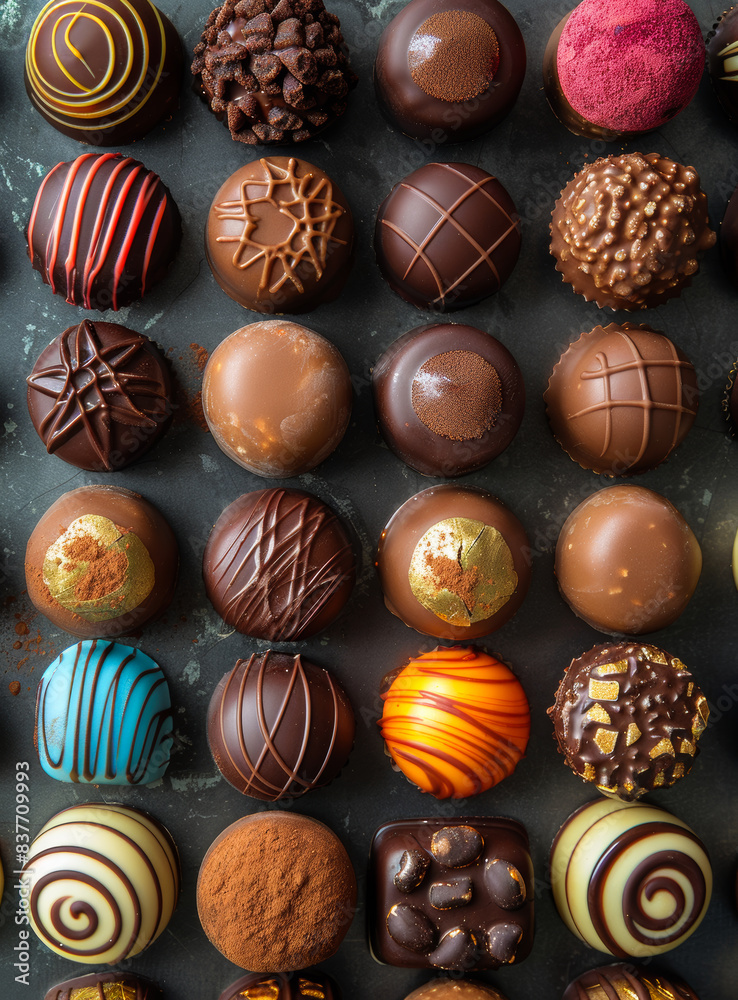 Assorted luxury chocolate pralines in row Assorted luxury chocolate pralines in row