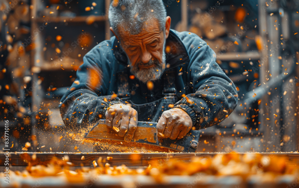 Fotografia experienced carpenter shapes wooden plank with hand plane in the workshop Fotografia experienced carpenter shapes wooden plank with hand plane in the workshop