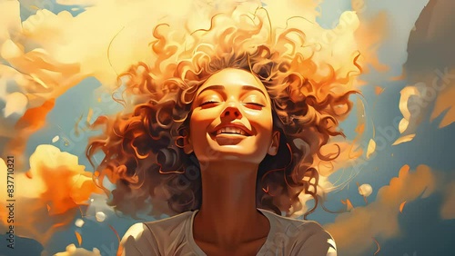 Video of mental health concept. Happiness, joy, thinking positive, having good thoughts in mind. Woman head in the sunshine