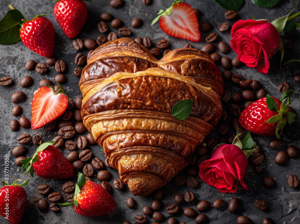 Fresh croissants and strawberries in the shape of heart on dark background Fresh croissants and strawberries in the shape of heart on dark background