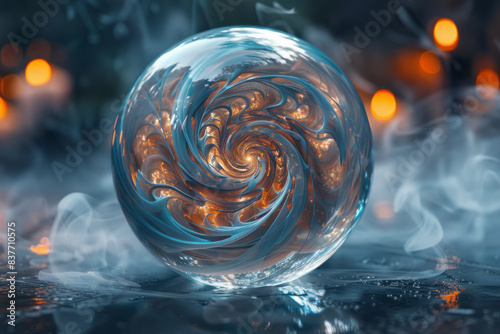 An abstract image of a sphere with swirling, smoke-like microstructures within its transparent shell,
