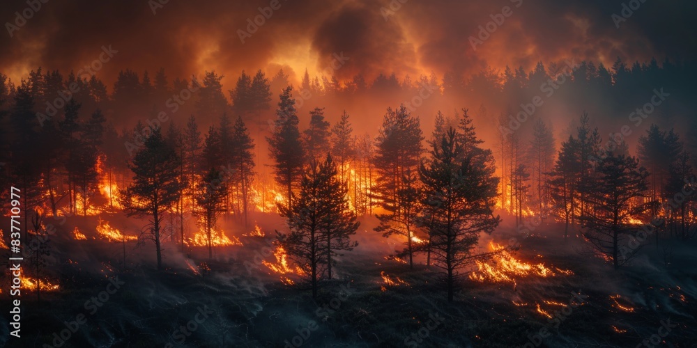 Young pine trees engulfed by wildfire flames Young pine trees engulfed by wildfire flames