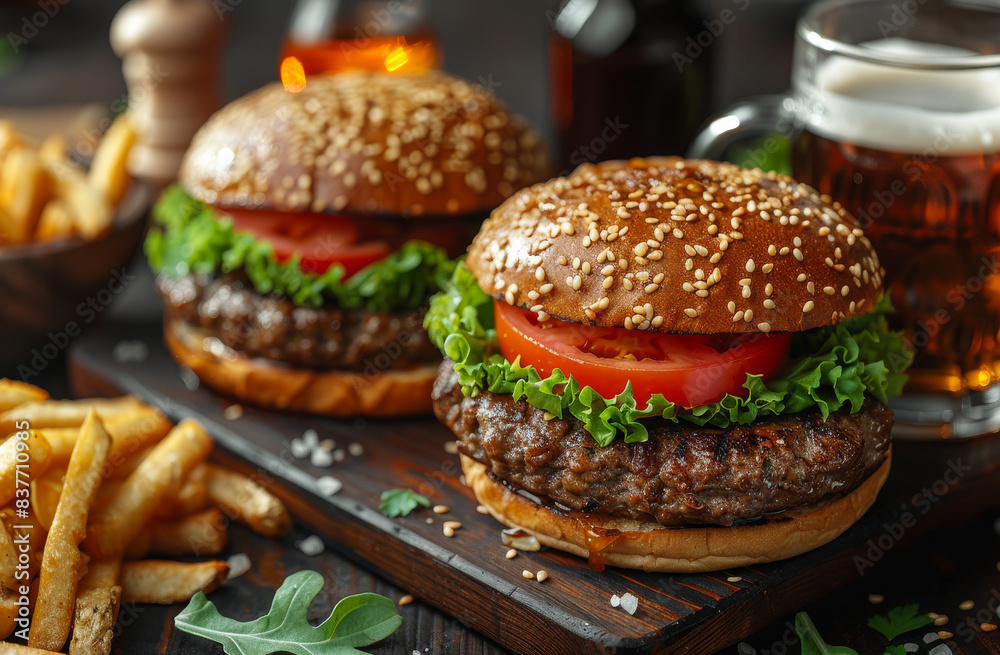 Two delicious beef burgers with lettuce tomato and beer on wooden table