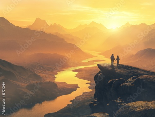 Two figures stand on a cliff  holding hands  overlooking a winding river and mountains at sunset.
