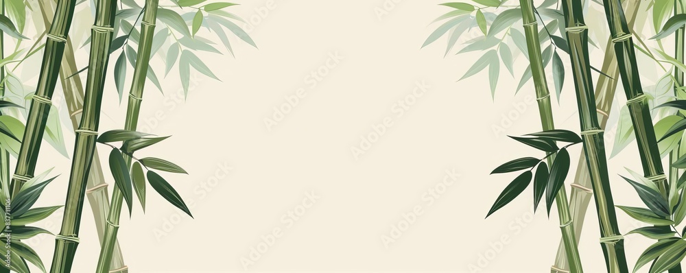 Fototapeta premium Bamboo border, muted greens, flat design, repeating pattern