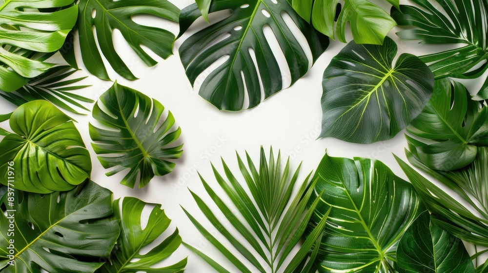 Flat lay of Tropical leaves Monstera on white background. Top view of greens banner with copy space Flat lay of Tropical leaves Monstera on white background. Top view of greens banner with copy space
