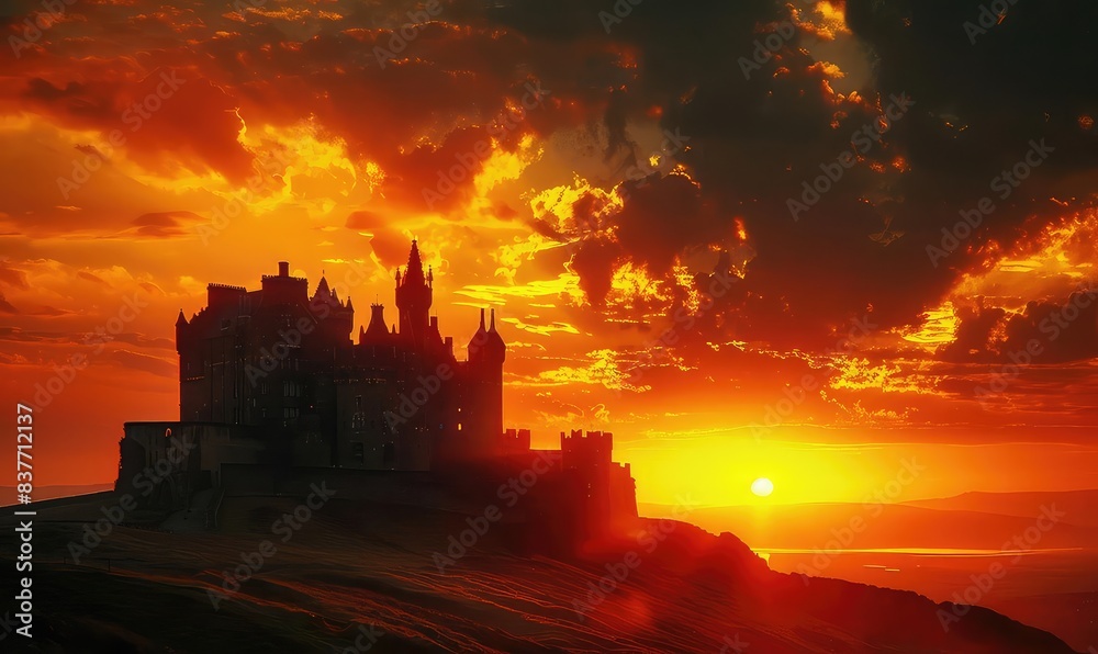 Obraz premium Ancient castle on a hill, sunset, dramatic sky close up, focus on, copy space Double exposure silhouette with medieval landscape