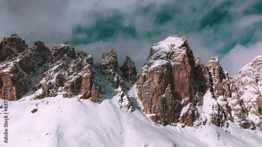 Drone Aerial Flight Over Majestic Mountain Peaks Dolomites, Italy