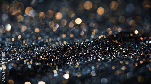  A tight shot of a black-and-gold glitter wallpaper, adorned with numerous tiny gold and silver specks atop its smooth surface
