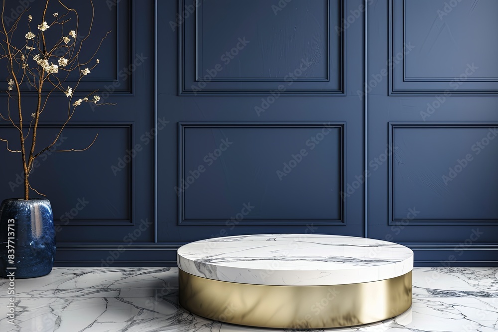 A luxurious marble podium with elegant gold veining, positioned against a deep navy blue wall.
