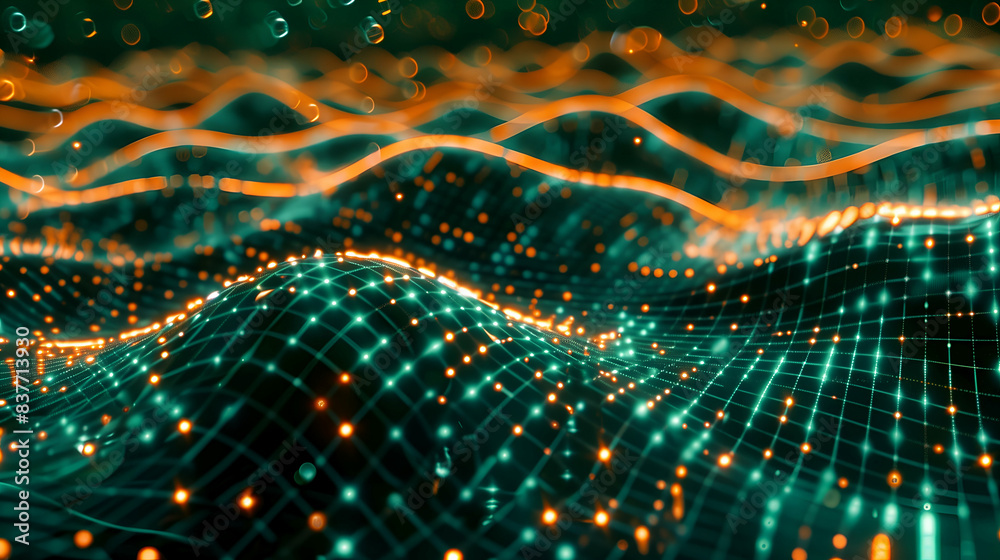 A dynamic digital landscape featuring a glowing grid with orange waves and light particles, representing futuristic technology and data visualization A dynamic digital landscape featuring a glowing grid with orange waves and light particles, representing futuristic technology and data visualization