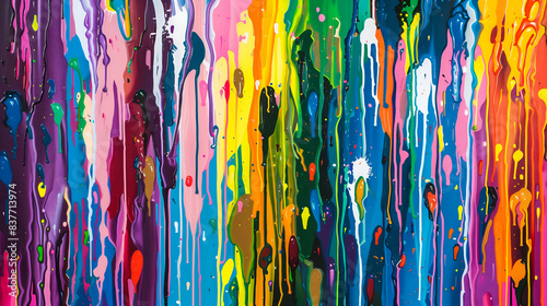 A vibrant abstract painting with colorful drips of paint running down the canvas. The bold and dynamic colors create a lively and energetic visual effect