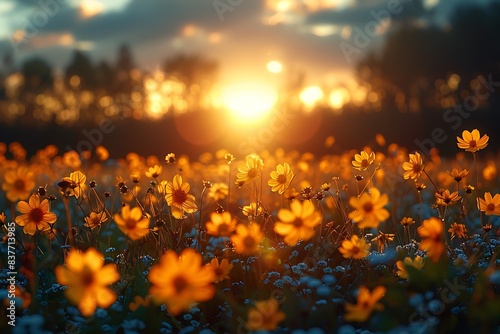 Abstract soft focus sunset field landscape of yellow flowers and grass meadow warm golden hour sunset sunrise time. Tranquil spring summer nature closeup and blurred forest background