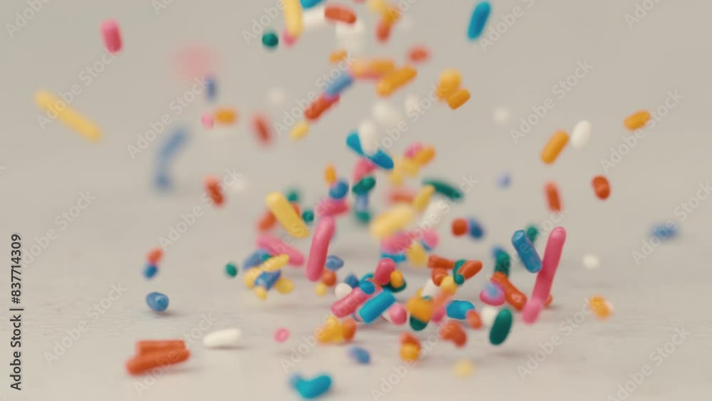 Rainbow sprinkles falling on white back drop in extreme slow motion. Birthday party celebration