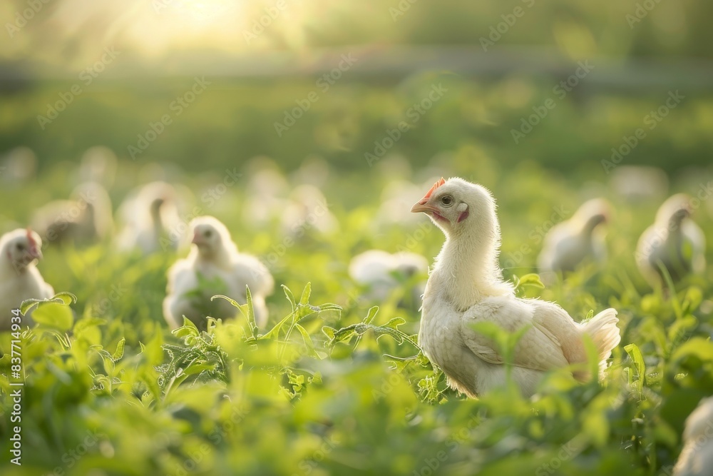A flock of baby chicks exploring a lush green field under warm sunlight, showcasing nature and freshness. A flock of baby chicks exploring a lush green field under warm sunlight, showcasing nature and freshness.